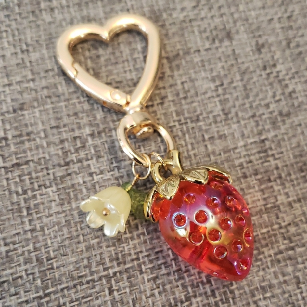 Gold Heart Strawberry White Flower Bag Charm